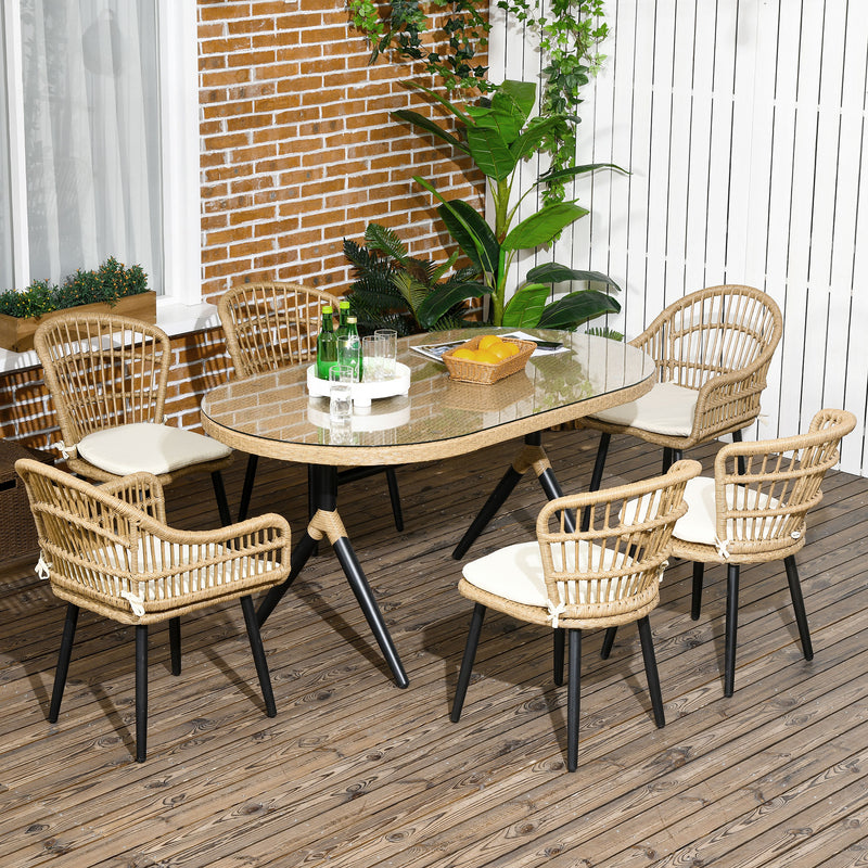 Set Tavolo con Vetro Temperato e 6 Sedie con Cuscini da Giardino in Acciaio e PE Rattan Naturale Nero e Beige-2