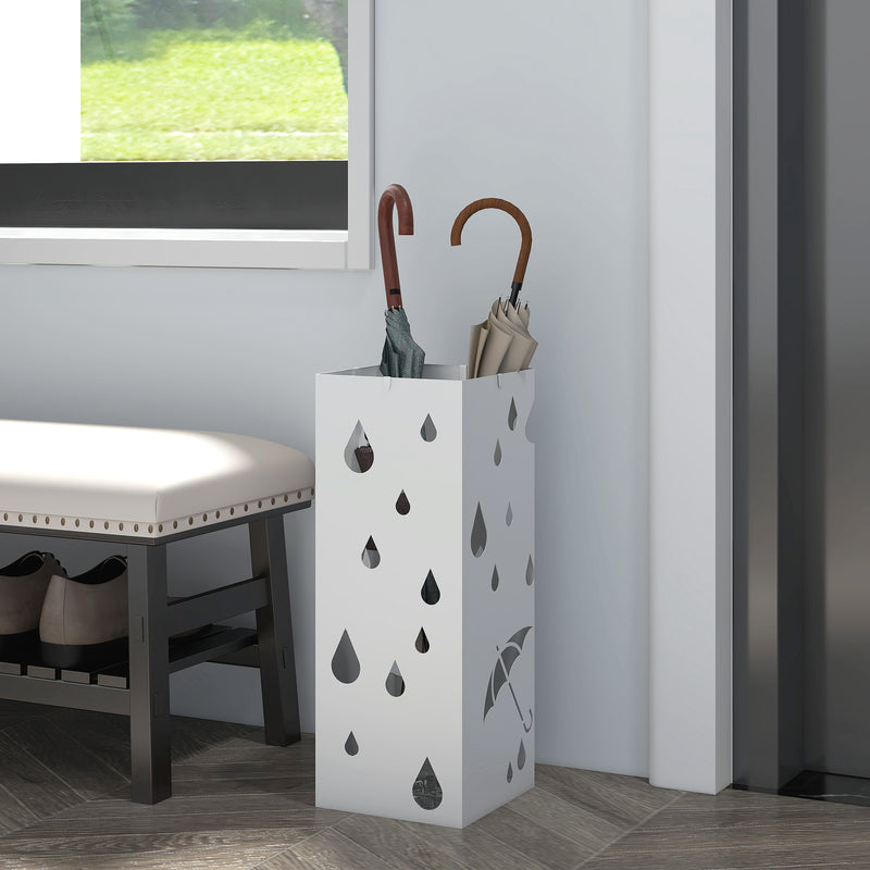 Portaombrelli con 4 Ganci e Vaschetta Raccogligocce 15,5x15,5x41cm in Metallo Bianco -2