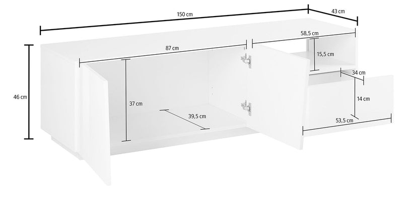 Mobile TV 2 Ante 1 Cassetto 150x43x46 cm Vega Bianco Lucido-4