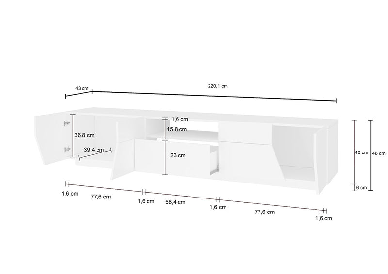 Mobile TV 4 Ante 1 Cassetto 220,1x43x46 cm Alien Bianco Lucido-4