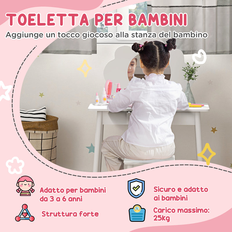 Toeletta Trucco per Bambine Nuvola Consolle e Sgabello in Legno Bianco -4