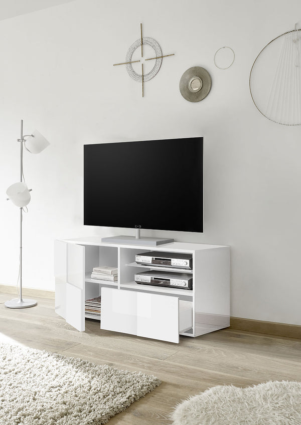 Mobile TV Moderno 1 Anta 1 Cassetto Design a Scacchi Modello Dama 121x42x57 cm Bianco Lucido-3