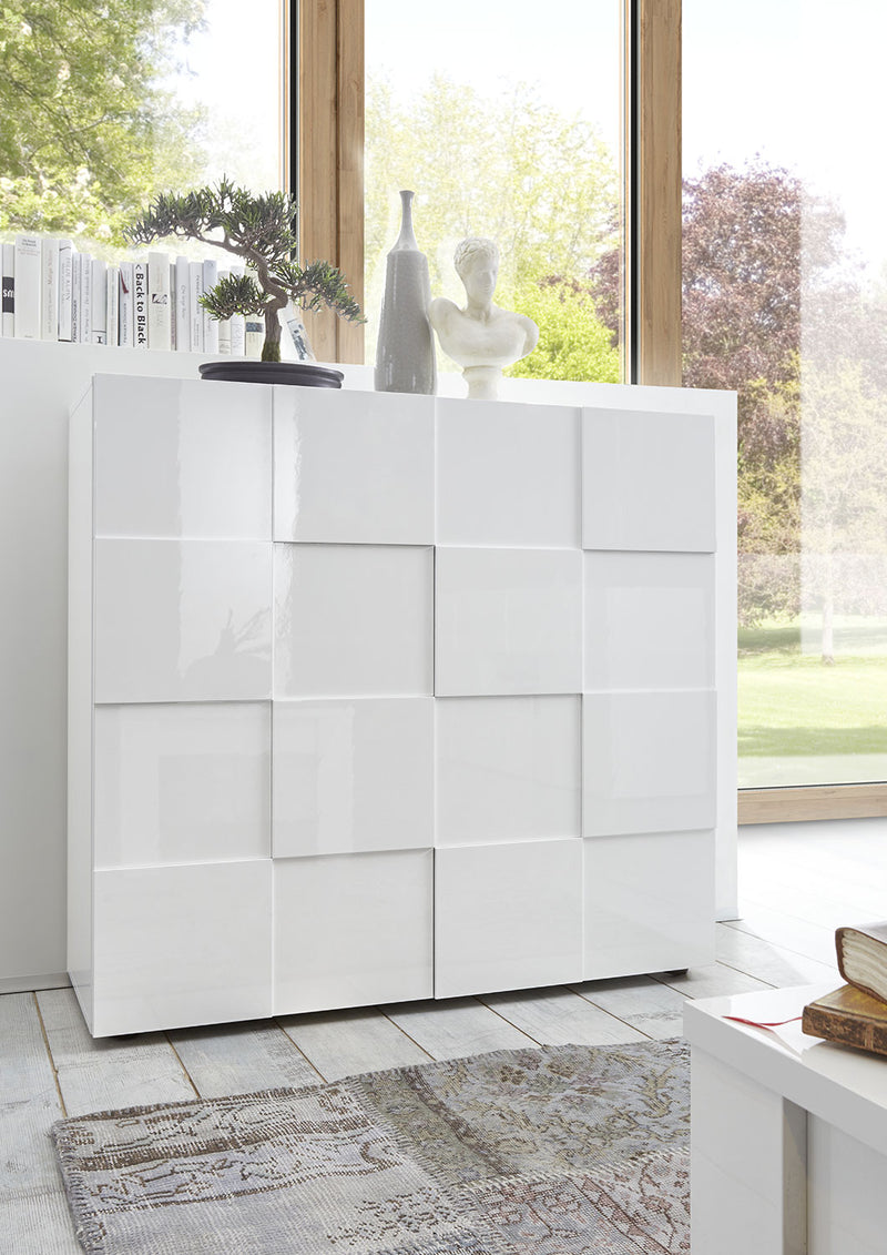 Madia Moderna 2 Ante Design a Scacchi Modello Dama 121x42x111 cm Bianco Lucido-2