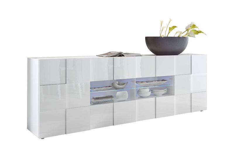 Madia Moderna 2 Ante 4 Cassetti Design a Scacchi Modello Dama 241x43x84 cm Bianco Lucido-1