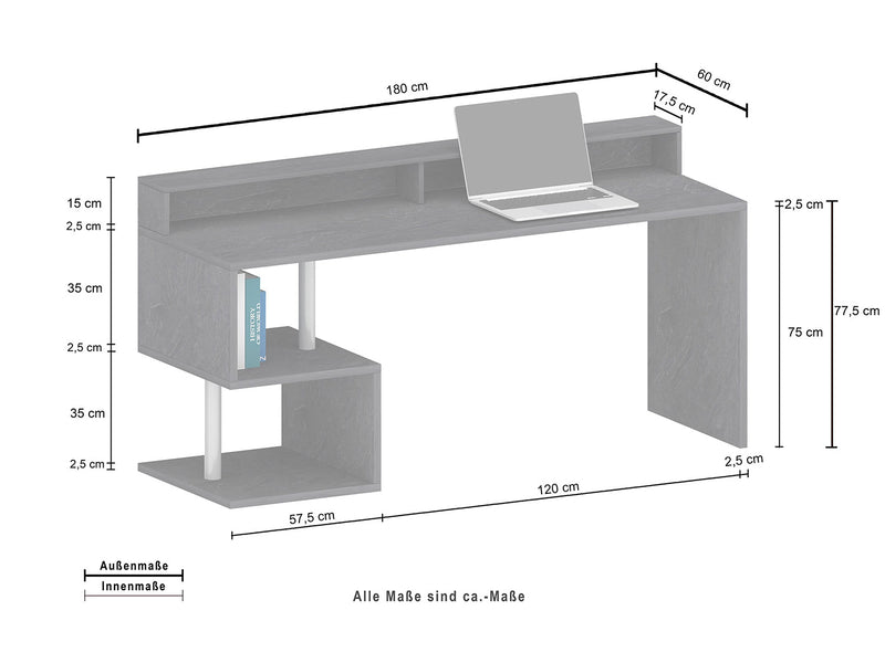 Scrivania a Giorno 180x60x92,5 cm Esse Report Grigio  -7