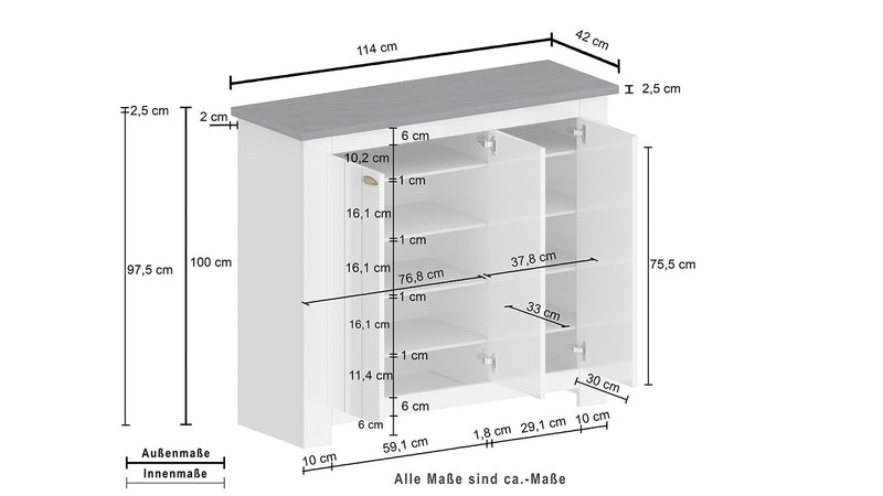 Scarpiera 3 Ante 114x42x100 cm Figo 3A Bianco Opaco/Report Grigio  -7