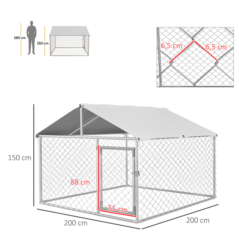 Recinto per Cani Taglia Media da Esterno 200x200x150 cm con Tetto Impermeabile Argento-3