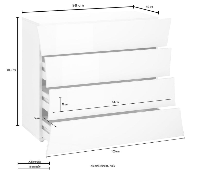 Comò 4 Cassetti 98x40x81,5 cm Arco Bianco Lucido  -4