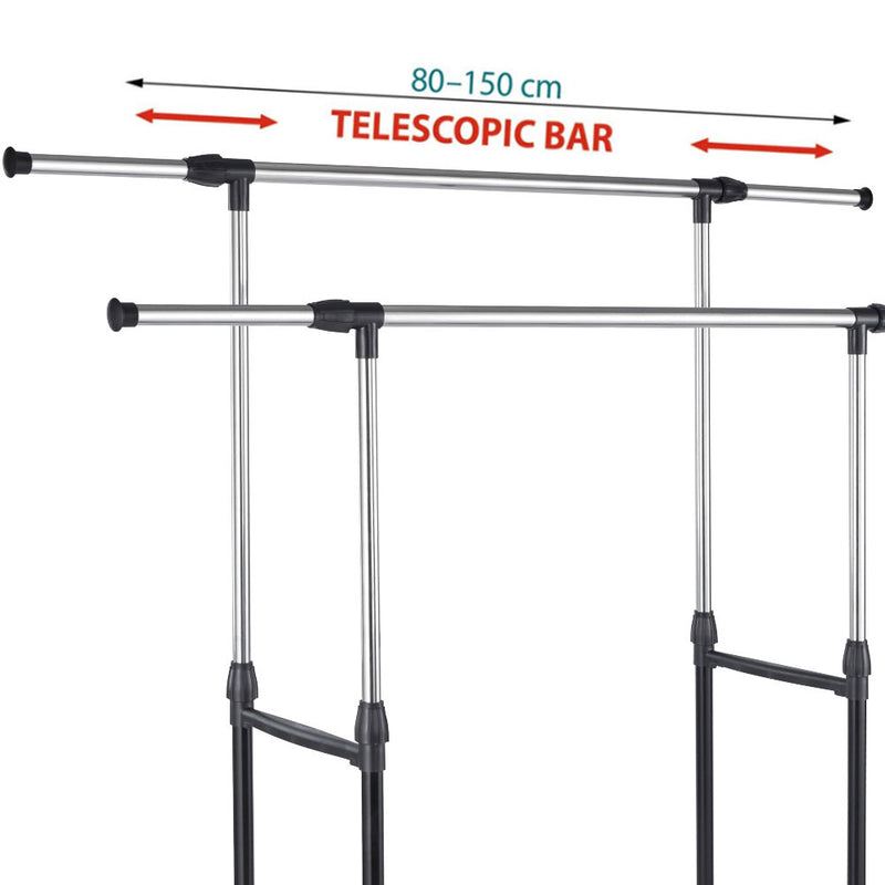 Stand Appendiabiti Doppio in Acciaio con Ruote Aste Telescopiche Regolabile PU-2