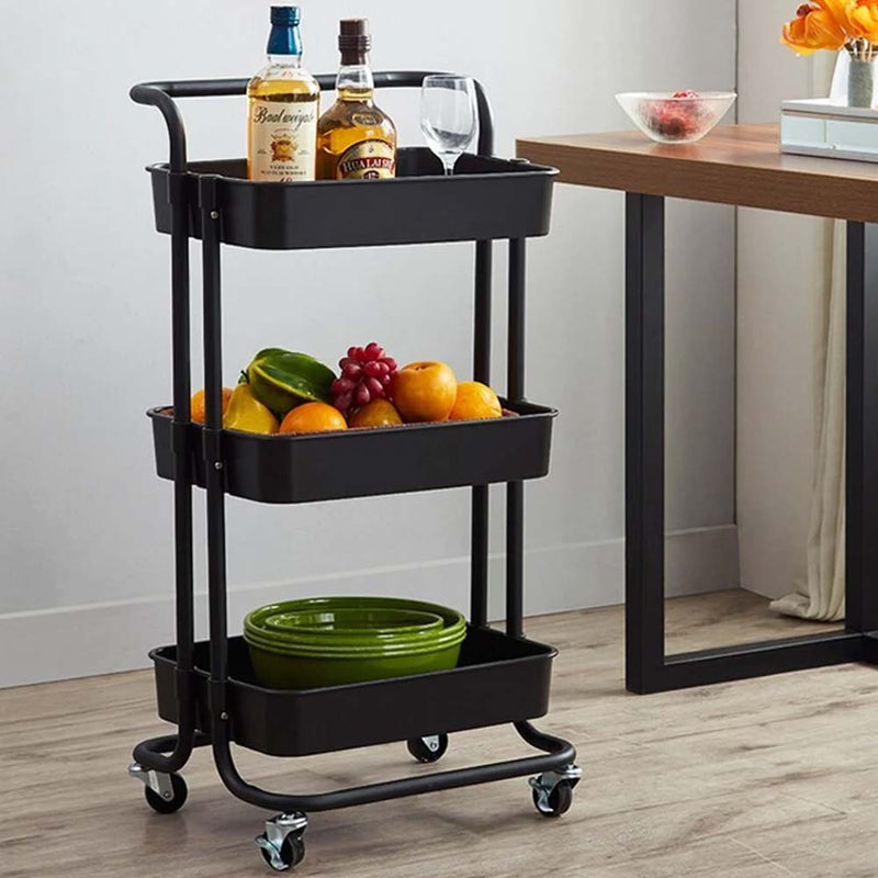 Carrello Trolley Cucina in Metallo 3 Ripiani 43x36x85 4 Ruote Salvaspazio Nero-2