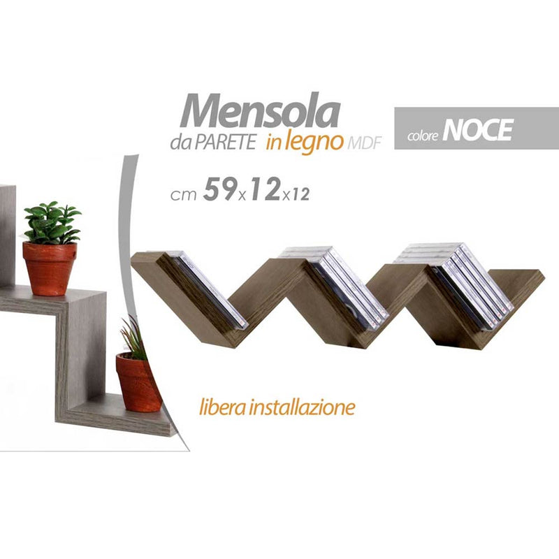 Mensola Parete Moderna Design Zig Zag Mensole Muro Scaffale 3 Ripiani Noce-2