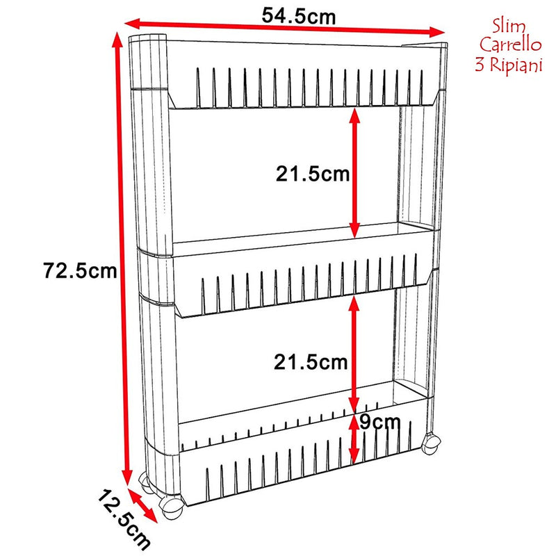 Carrello Carrellino Slim Salvaspazio Cucina Bagno Ripostiglio 3 Ripiani e 4Ruote-5