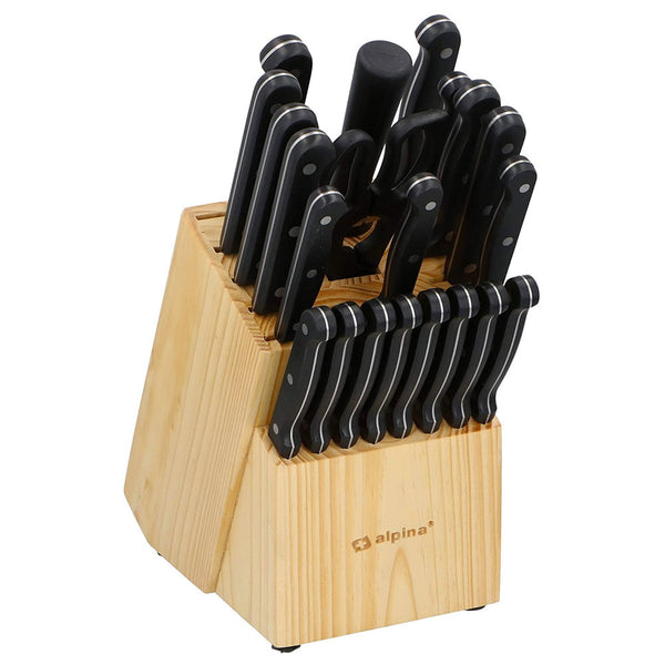 Set Coltelli In Acciaio + Ceppo Portacoltelli Legno 22 Pezzi con Forbici Cucina Alpina sconto