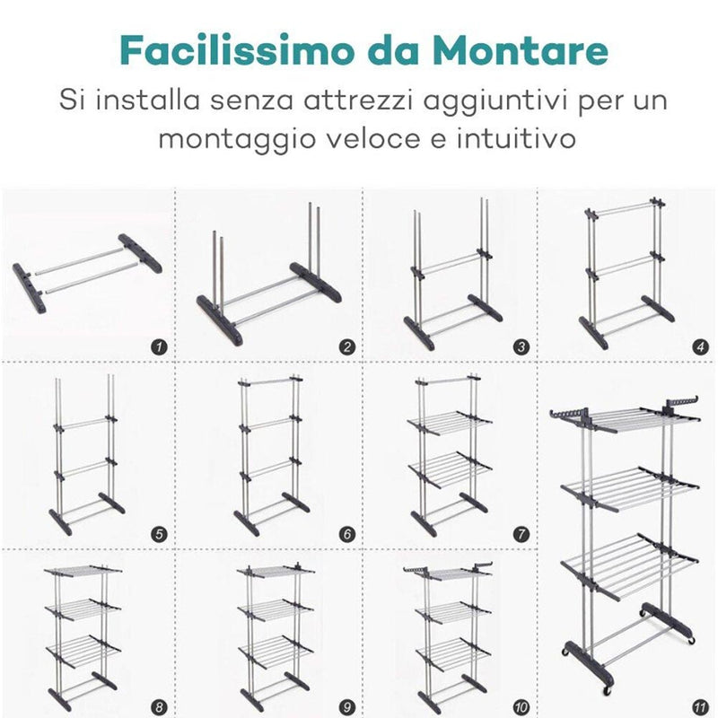 Stendino Stendibiancheria a Torre Modulabile Pieghevole Salvaspazio Richiudibile-4