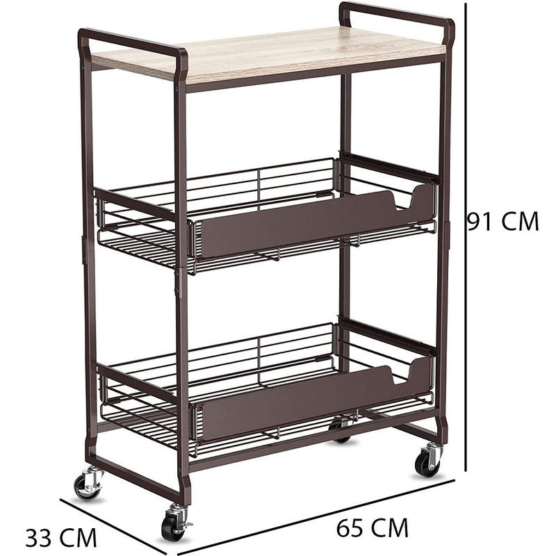 Carrello da Cucina 3 Ripiani con Ruote e 2 Cesti Portaoggetti 65x33x91cm Bronzo-3