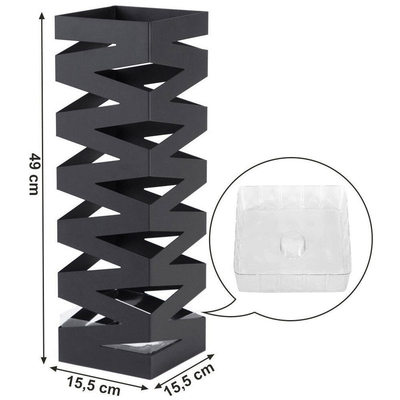 Portaombrelli in Metallo Design Quadrato Stand Nero Vaschetta Salvagoccia-3