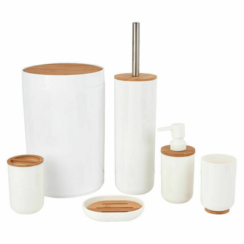 Set da Bagno in Legno Bamboo e Plastica Bianco e Naturale 6pz con Portascopino-4