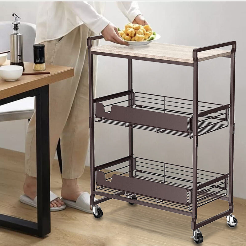 Carrello da Cucina 3 Ripiani con Ruote e 2 Cesti Portaoggetti 65x33x91cm Bronzo-4