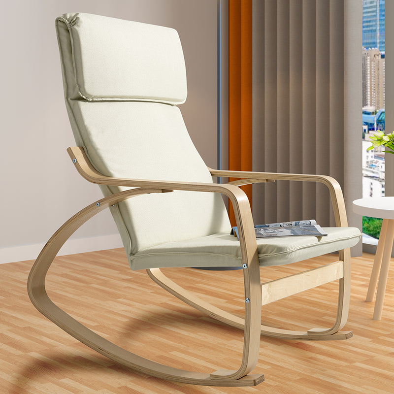 Sedia a Dondolo Poltrona Relax in Cotone Beige con Schienale Cuscino Ergonomici-2