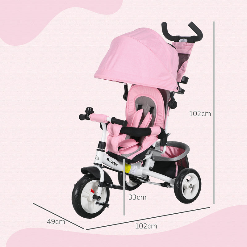 Triciclo per Bambini 1-5 Anni 102x49x102 cm con Maniglione e Tettuccio Regolabile Bianco e Rosa-3