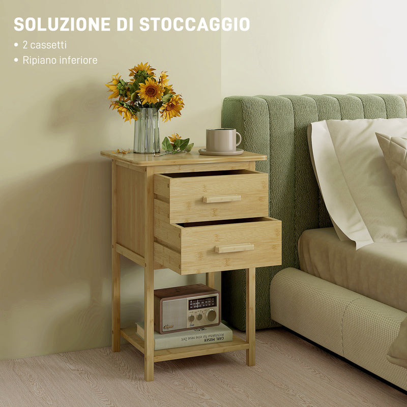 Set 2 Comodini con 2 Cassetti e Ripiano Inferiore in stile Nordico 40x34x60 cm in Bambù -5