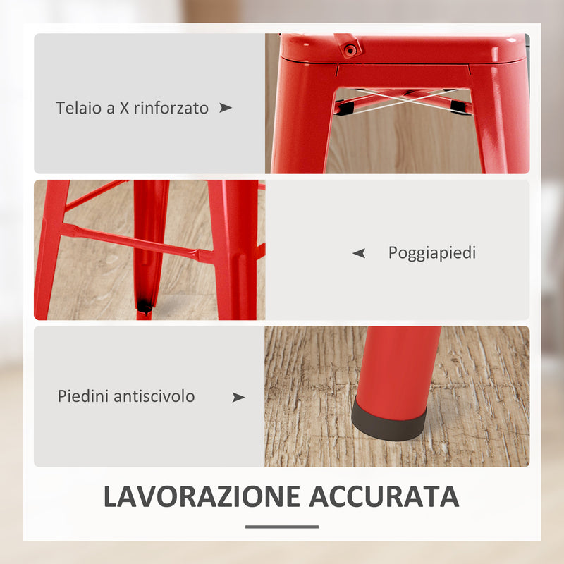 Set 2 Sgabelli da Bar Stile Industriale Schienale Rimovibile 44x49x116 cm in Metallo Rosso-5