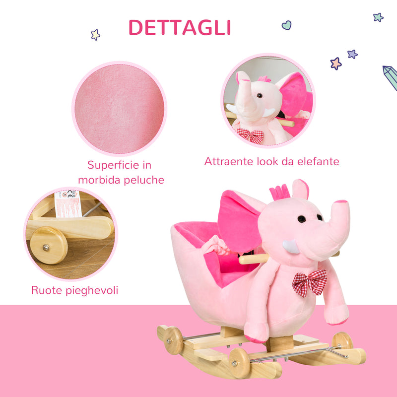 Cavallo a Dondolo per Bambini in Legno e Peluche Elefante Rosa    -6