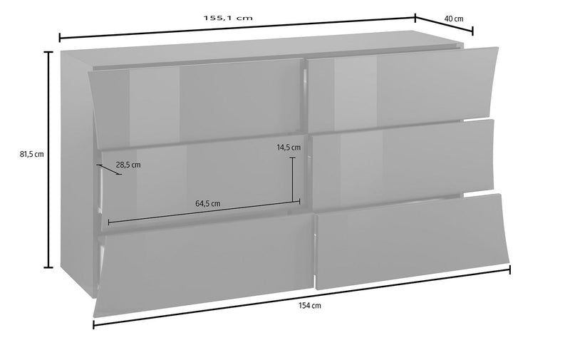 Comò 6 Cassetti 155,1x40x81,5 cm Arco Bianco Lucido-3
