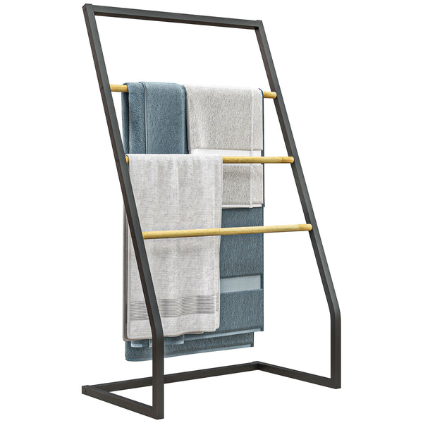 Piantana Portasciugamani da Bagno da Terra 4 Sbarre 60x35x102 cm in Bambù e Acciaio Nero sconto