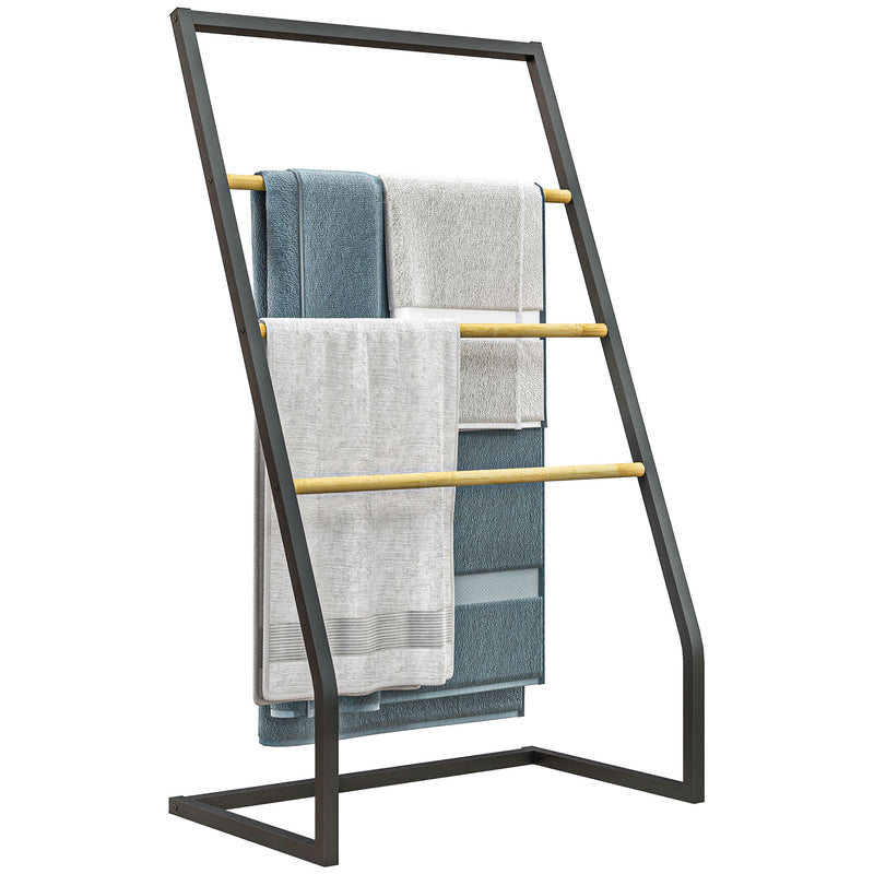 Piantana Portasciugamani da Bagno da Terra 4 Sbarre 60x35x102 cm in Bambù e Acciaio Nero-1