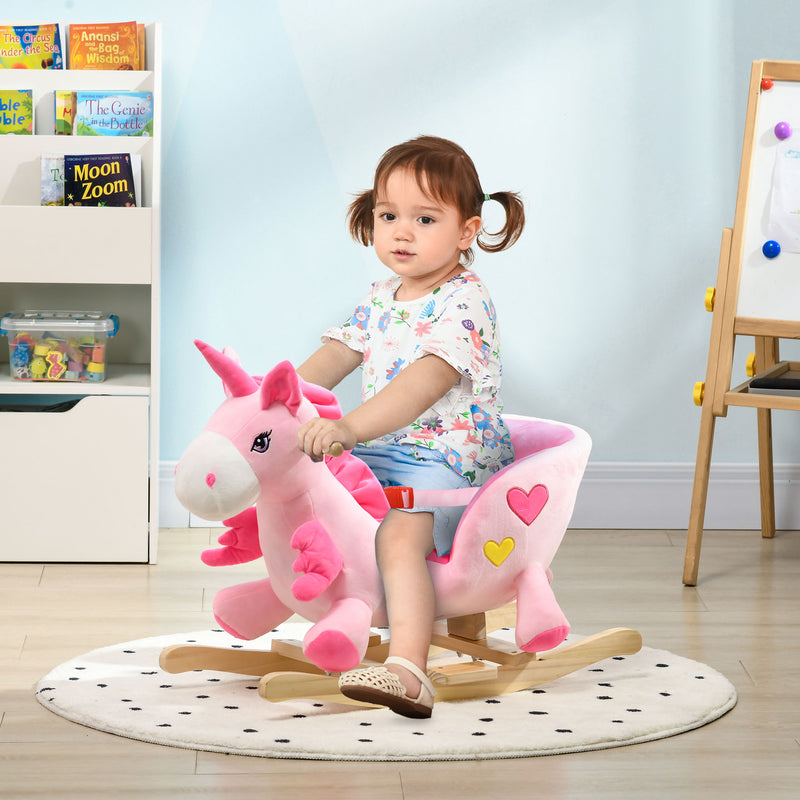 Unicorno a Dondolo Cavalcabile Peluche con 32 Canzoni 65x35x45 cm con Cintura di Sicurezza Rosa-2