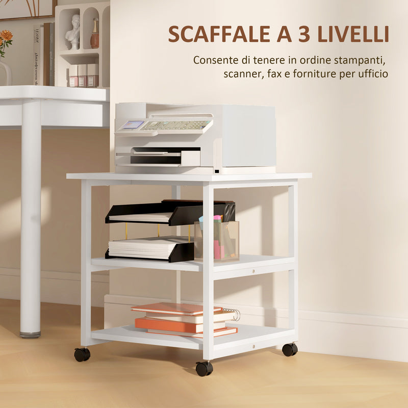 Carrello Porta Stampante a 3 Ripiani con 4 Ruote 50x50x52,5 cm Legno e Acciaio Bianco-4