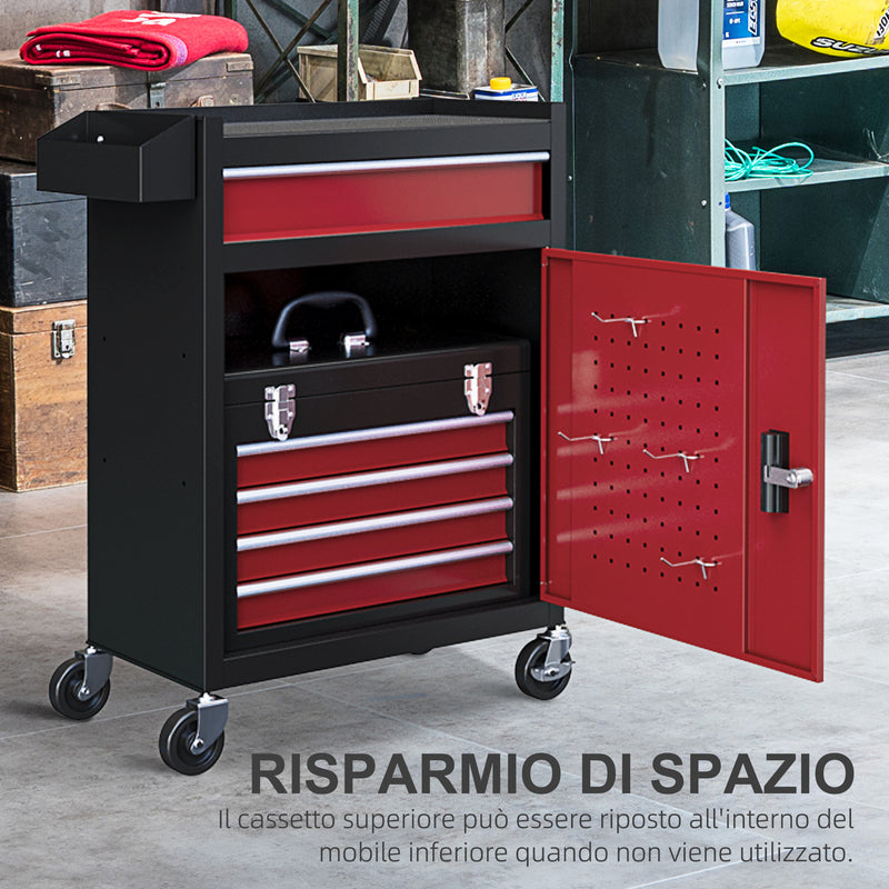 Carrello Porta Attrezzi 5 Cassetti Cassetta Rimovibile e Armadietto con Chiave in Acciaio Rosso e Nero-5