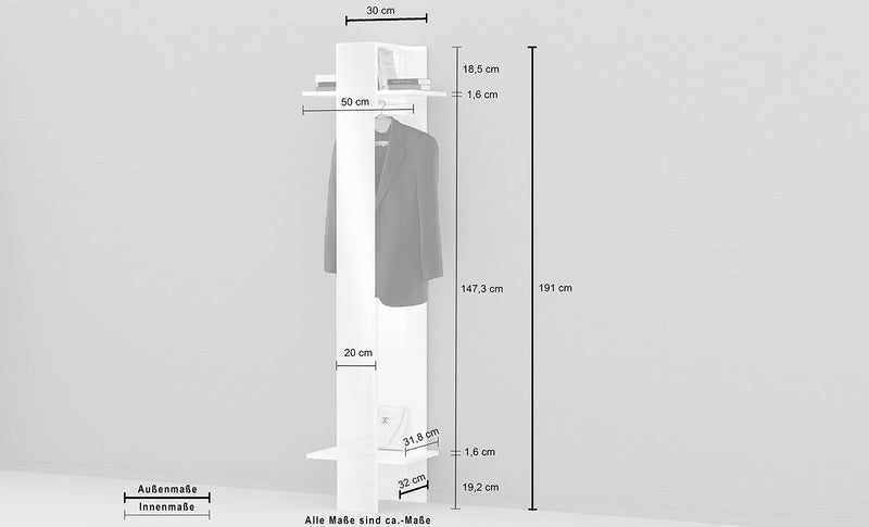 Mobile Appendiabiti con Specchio 50x32x191 cm Kompact Bianco Lucido  -5