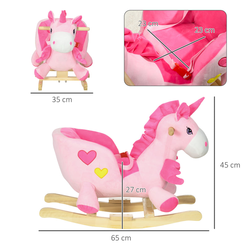 Unicorno a Dondolo Cavalcabile Peluche con 32 Canzoni 65x35x45 cm con Cintura di Sicurezza Rosa-3