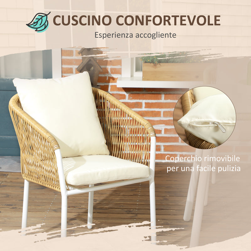 Set Tavolo con Top in Vetro 4 Sedie Impilabili da Giardino in Rattan PE e Alluminio Giallo-6