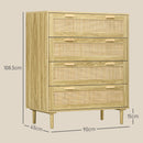 Cassettiera 4 Cassetti Stile Boho 90x45x108,5 cm in Legno e Rattan Rovere -3