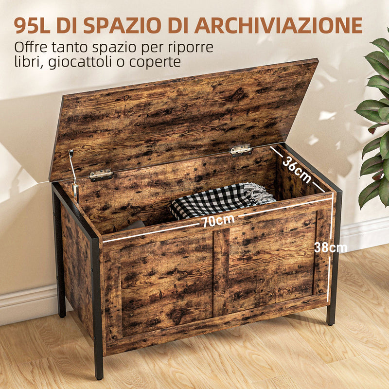 Cassapanca in Legno Stile Industriale 80x40x49cm Contenitore 95L Marrone -4