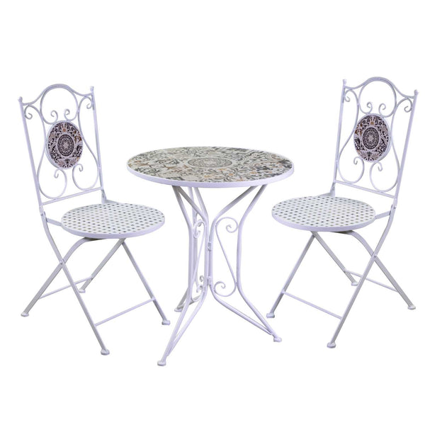 Set Tavolino e 2 Sedie Ø60xh71 cm in Metallo con Mosaico Frigole Bianco sconto