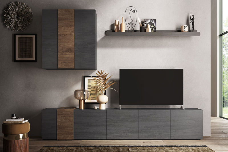 Parete Attrezzata Design Contemporaneo 301x44x195 cm Mobile TV e Pensile Titanio e Noce Mercure-1