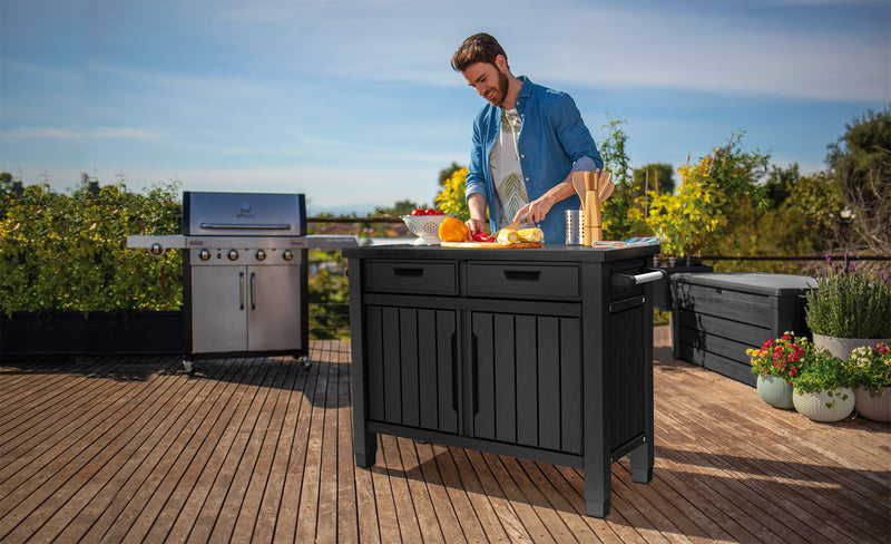 Tavolino per Barbecue 134x90x52 cm con Cassetti e Accessori Keter Unity XL Grafite-5