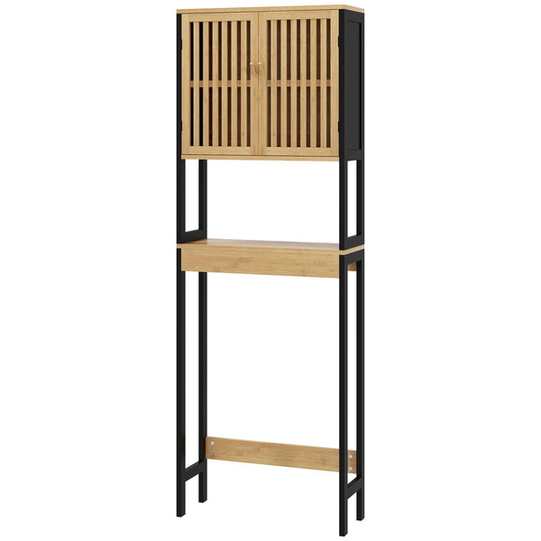 online Mobile Sopra WC con Armadietto 2 Ante a Doghe e Ripiano Aperto 60x21,5x172 cm in Bambù e MDF Legno Naturale e Nero