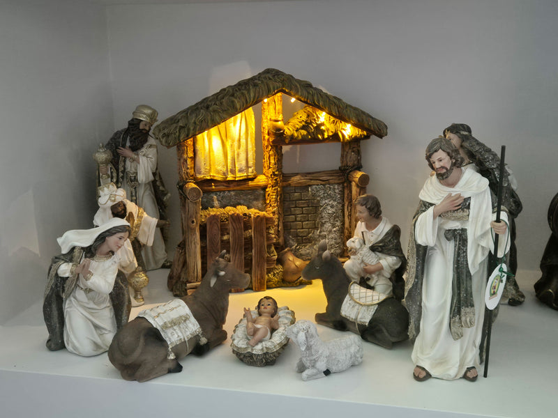 Presepe Natività 12 Pezzi 30 cm con Capanna Bianco -2