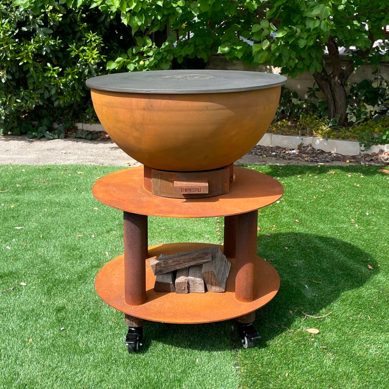 Barbecue a Legna e a Carbone Ø75xH86 cm in Acciaio Corten con Accessori Stromboli Marrone-4