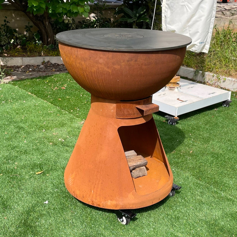 Barbecue a Legna e a Carbone Ø64xH91 cm in Acciaio Corten con Accessori Yucatán Marrone-4