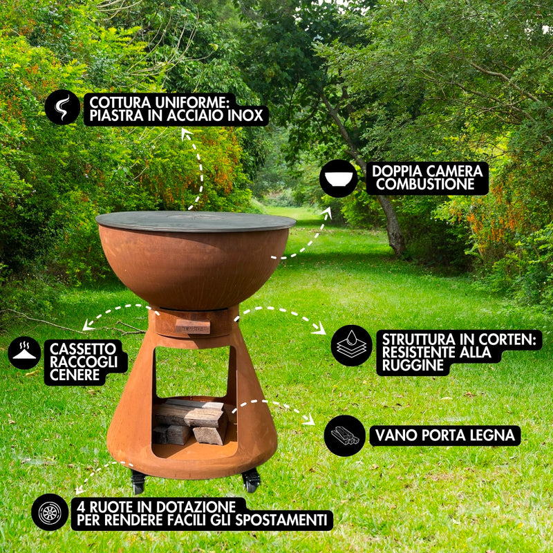 Barbecue a Legna e a Carbone Ø64xH91 cm in Acciaio Corten con Accessori Yucatán Marrone-7