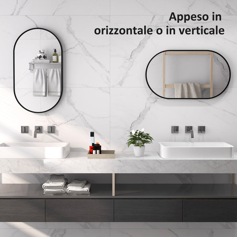 Specchio per Bagno Ovale a 3 Ganci 40x70x3 cm in Lega di Alluminio e Vetro Nero-6