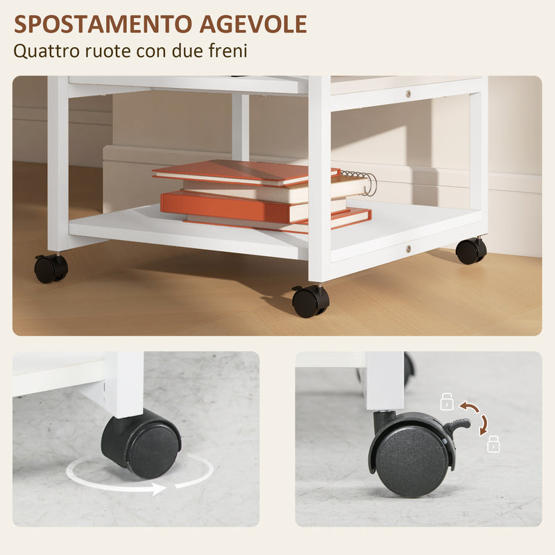 Carrello Porta Stampante a 3 Ripiani con 4 Ruote 50x50x52,5 cm Legno e Acciaio Bianco-5