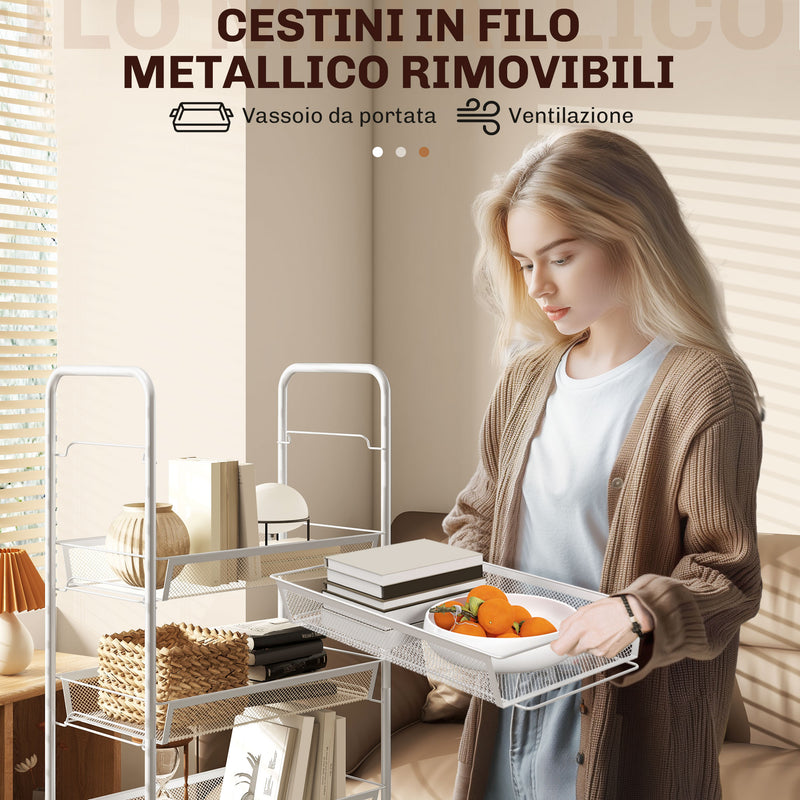 Carrello da Cucina Salvaspazio 5 Livelli con Cestini a Rete in Acciaio 45x26,5x106 cm Bianco -5