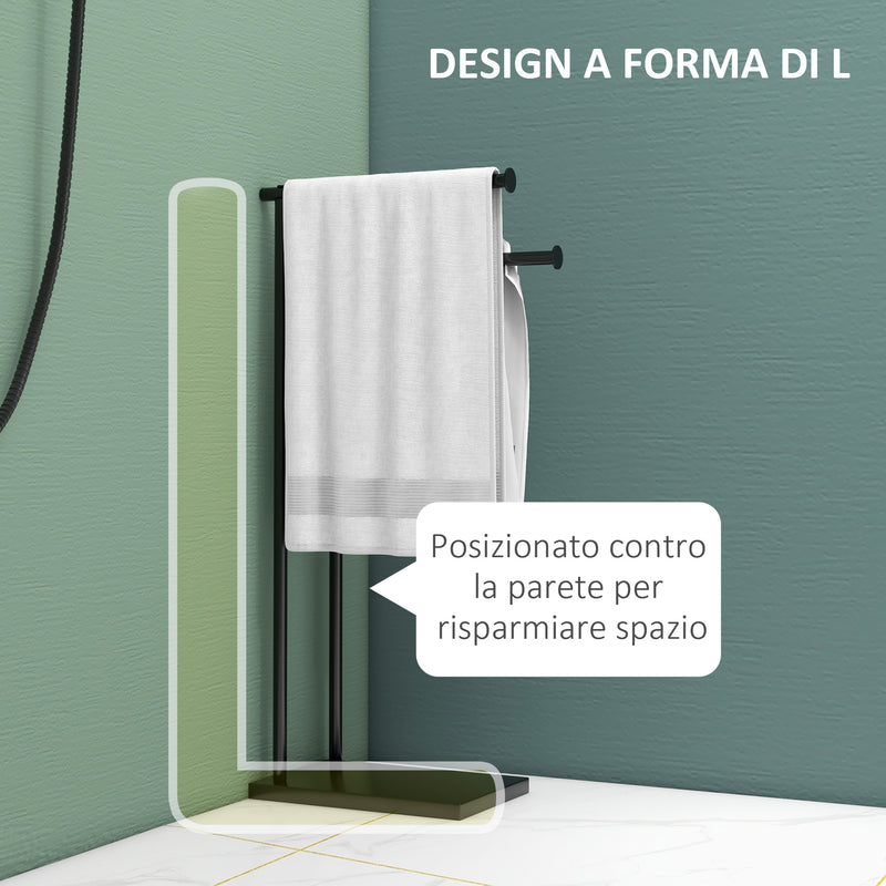 Piantana Portasciugamani da Bagno da Terra Autoportante 2 Bracci in Metallo 35,5x20x78 cm Nero-5